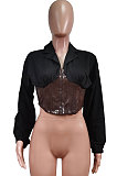 White Fashion Pu Leather Spliced Zipper Collect Waist Tops WY6865-1