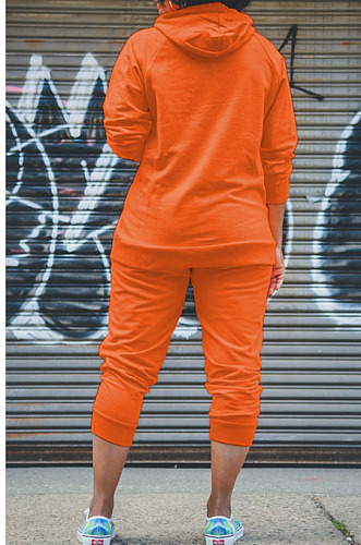 Orange Simple Preppy Long Sleeve Hoodie Trousers Plain Suit WY6864-3