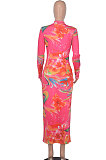 White Euramerican Printing Zipper Variety Style Long Sleeve Bodycon Long Dress WMZ2687-1