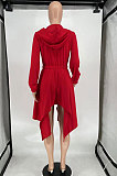 Red Women's Pure Color V Collar Long Sleeve Zipper Irregular Mid Waist Midi Dress AMW8360-1