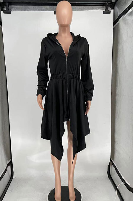 Black Women's Pure Color V Collar Long Sleeve Zipper Irregular Mid Waist Midi Dress AMW8360-3