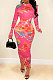 Rose Red Euramerican Printing Zipper Variety Style Long Sleeve Bodycon Long Dress WMZ2687-5
