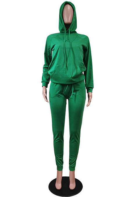 Green Simple Preppy Long Sleeve Hoodie Trousers Plain Suit WY6864-1 