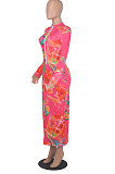 Blue Euramerican Printing Zipper Variety Style Long Sleeve Bodycon Long Dress WMZ2687-2