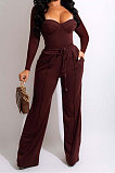 Coffee Euramerican Women Sexy Tight Tops Casual Pants Sets FFE196-3