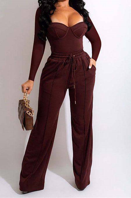 Coffee Euramerican Women Sexy Tight Tops Casual Pants Sets FFE196-3