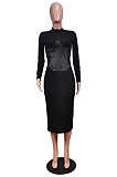 Brown Fashion New Pu Leather Spliced Long Sleeve Collect Waist  Bodycon Dress WY6860-1