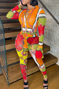 Orange Women's Trendy Sexy Positioning Printing Horn Sleeve Turn-Down Collar Bodycon Jumpsuits FFE195 -1