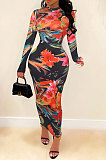 Blue Euramerican Printing Zipper Variety Style Long Sleeve Bodycon Long Dress WMZ2687-2
