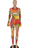 Green Women's Trendy Sexy Positioning Printing Horn Sleeve Turn-Down Collar Bodycon Jumpsuits FFE195 -2