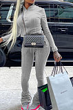 Gray Women's Solid Color Zipper Stand Collar Ruffle Pants Sets AMW8359-1