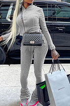 Gray Women's Solid Color Zipper Stand Collar Ruffle Pants Sets AMW8359-1