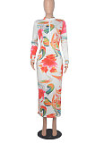 Blue Euramerican Printing Zipper Variety Style Long Sleeve Bodycon Long Dress WMZ2687-2