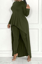 Army Green Wome's Solid Color Casual Irregular Bodycon Pants Sets JR3662-2