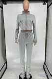 Gray Women's Solid Color Zipper Stand Collar Ruffle Pants Sets AMW8359-1
