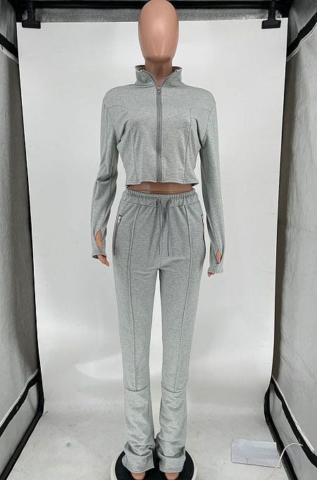 Dark Blue Women's Solid Color Zipper Stand Collar Ruffle Pants Sets AMW8359-6