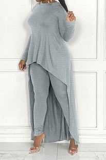 Gray Wome's Solid Color Casual Irregular Bodycon Pants Sets JR3662-3