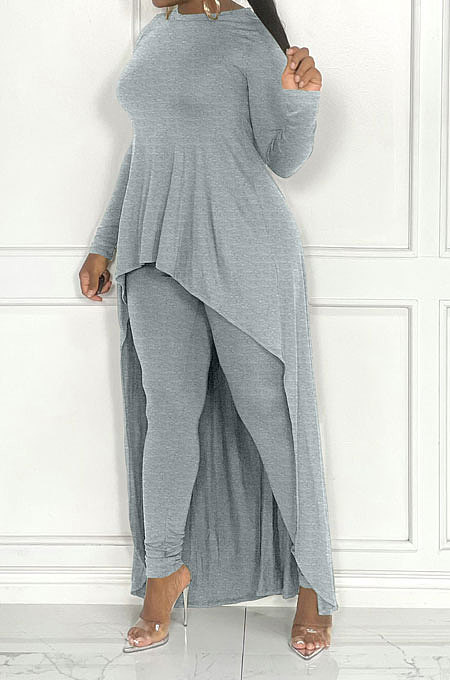 Gray Wome's Solid Color Casual Irregular Bodycon Pants Sets JR3662-3
