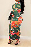 Blue Euramerican Printing Zipper Variety Style Long Sleeve Bodycon Long Dress WMZ2687-2