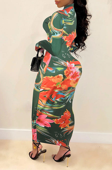 Blue Euramerican Printing Zipper Variety Style Long Sleeve Bodycon Long Dress WMZ2687-2