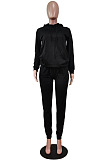 Orange Simple Preppy Long Sleeve Hoodie Trousers Plain Suit WY6864-3