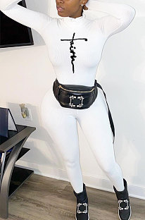 White Modest Design Printed Long Sleeve High Neck Collect Waist Slim Fitting Jumpsuits WJ5232-2