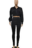 Black Women's Pure Color Zipper Ruffle Casual Pants Sets JR3584-1