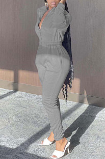 Gray Trendy Velvet Solid Color Zipper Collect Waist Casual Jumpsuits FFE193 -2