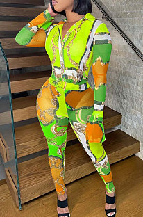 Green Women's Trendy Sexy Positioning Printing Horn Sleeve Turn-Down Collar Bodycon Jumpsuits FFE195 -2