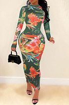Green Euramerican Printing Zipper Variety Style Long Sleeve Bodycon Long Dress WMZ2687-4