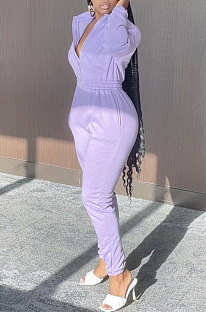Purple Trendy Velvet Solid Color Zipper Collect Waist Casual Jumpsuits FFE193 -1