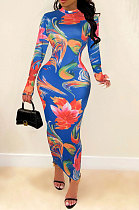 Blue Euramerican Printing Zipper Variety Style Long Sleeve Bodycon Long Dress WMZ2687-2