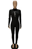 White Modest Design Printed Long Sleeve High Neck Collect Waist Slim Fitting Jumpsuits WJ5232-2