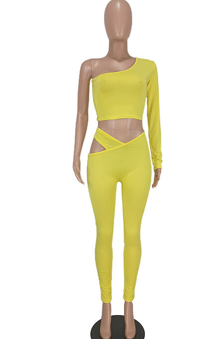 Yellow Women's Fashion Off Shoulder Sexy Crop Pure Color Pants Sets ED8546-1