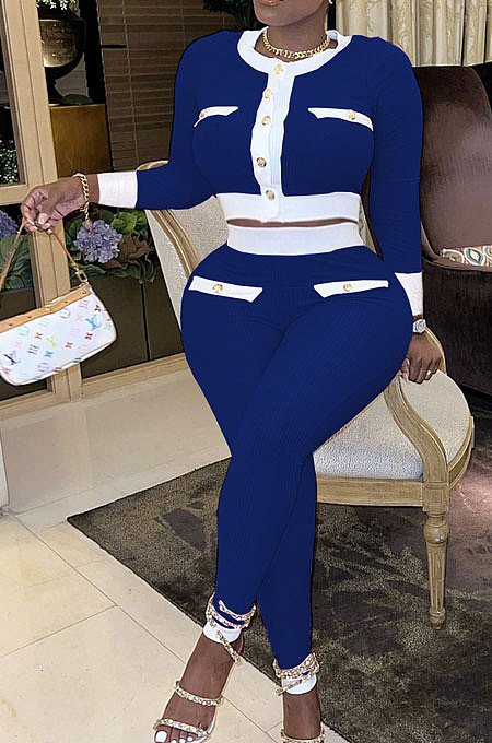 Black Women's Ribber Round Neck Front Button Tops Skinny Pants Fashion Suit WY6863-1