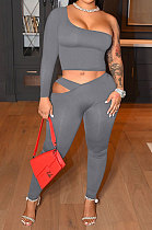 Gray Women's Fashion Off Shoulder Sexy Crop Pure Color Pants Sets ED8546-2