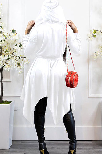 White Women's Pure Color V Collar Long Sleeve Zipper Irregular Mid Waist Midi Dress AMW8360-2
