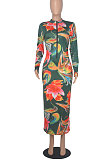 White Euramerican Printing Zipper Variety Style Long Sleeve Bodycon Long Dress WMZ2687-1