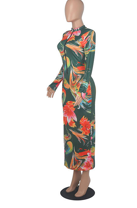 Blue Euramerican Printing Zipper Variety Style Long Sleeve Bodycon Long Dress WMZ2687-2