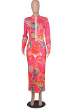 Blue Euramerican Printing Zipper Variety Style Long Sleeve Bodycon Long Dress WMZ2687-2