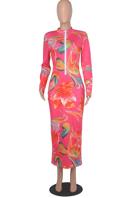 Blue Euramerican Printing Zipper Variety Style Long Sleeve Bodycon Long Dress WMZ2687-2