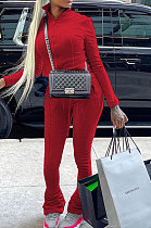 Red Women's Solid Color Zipper Stand Collar Ruffle Pants Sets AMW8359-4