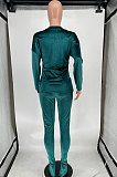 Blue Women Korea Velvet Pure Color Long Sleeve Split Pants Sets AMW8358-3