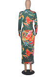Blue Euramerican Printing Zipper Variety Style Long Sleeve Bodycon Long Dress WMZ2687-2