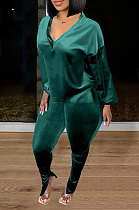 Green Women Korea Velvet Pure Color Long Sleeve Split Pants Sets AMW8358-1