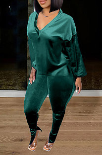 Green Women Korea Velvet Pure Color Long Sleeve Split Pants Sets AMW8358-1