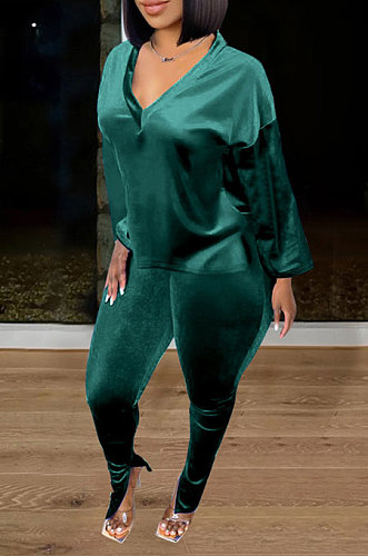 Green Women Korea Velvet Pure Color Long Sleeve Split Pants Sets AMW8358-1