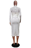 Brown Fashion New Pu Leather Spliced Long Sleeve Collect Waist  Bodycon Dress WY6860-1