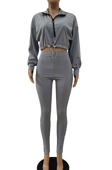 Gray Women's Pure Color Zipper Ruffle Casual Pants Sets JR3584-2