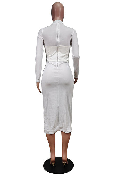 Black Fashion New Pu Leather Spliced Long Sleeve Collect Waist  Bodycon Dress WY6860-2